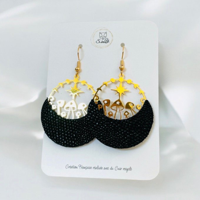 Boucles d'oreilles Amanite Cuir Noir