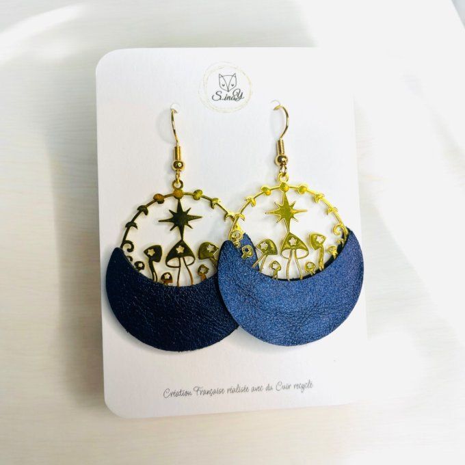 Boucles d'oreilles Amanite Cuir Bleu Nuit