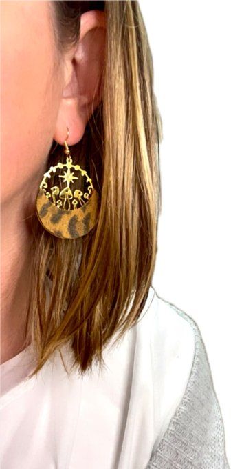 Boucles d'oreilles Amanite Cuir Léopard Camel