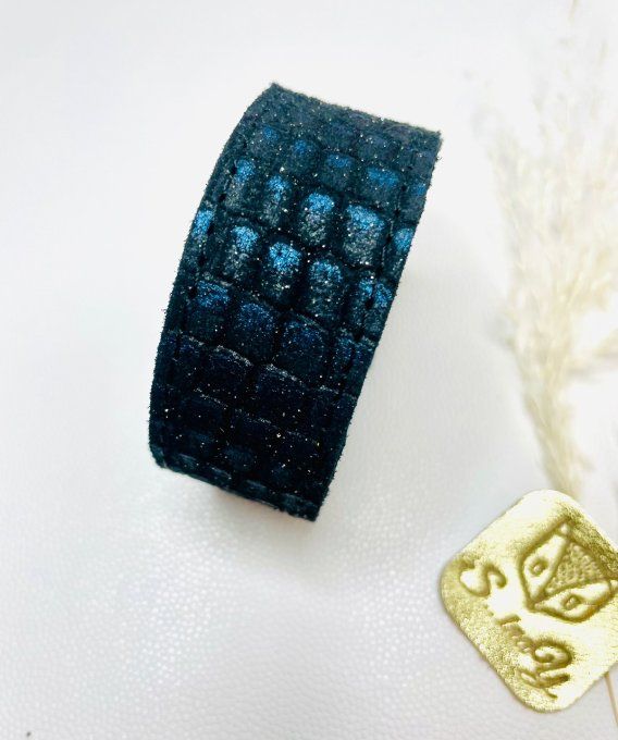 Bracelet Misti Cuir Noir Bleu pailleté